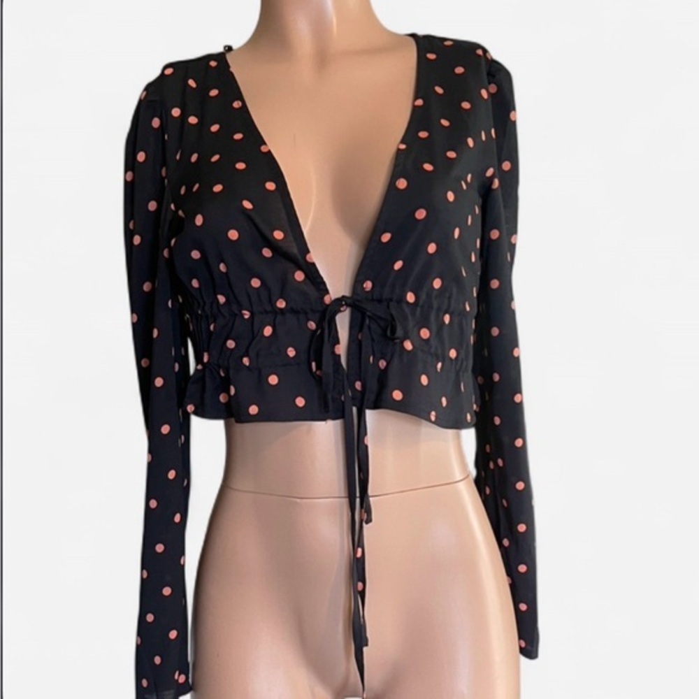 Princess Polly Tie Front Polka Dot Long-Sleeve Top